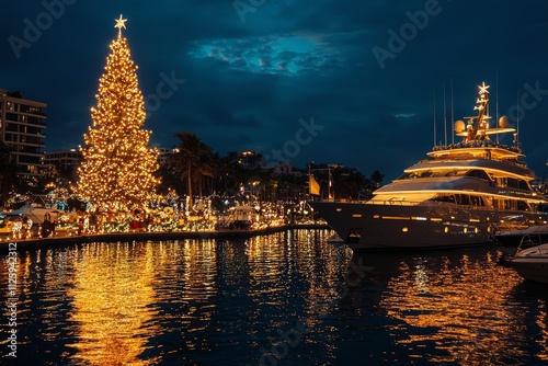 The city harbor decorated with holiday lights and a giant Christmas tree. Boats are docked nearby, also adorned, Generative AI