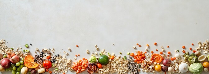 Colorful assortment of healthy food ingredients including grains, vegetables, and seeds arranged on a light gray background.