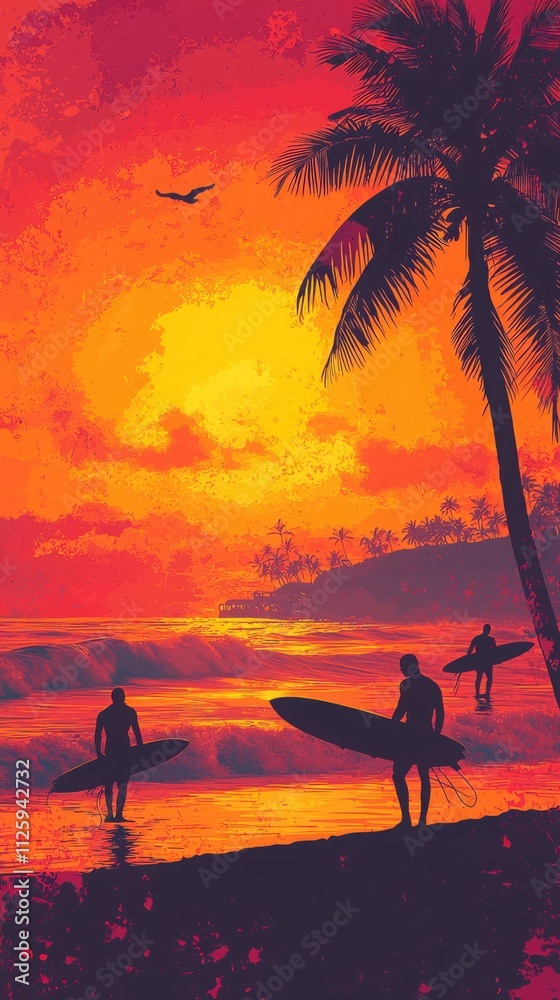 Surfers waiting for waves beach at sunset vertical photograph tropical environment dramatic perspective silhouette concept Surfers waiting for waves beach at sunset vertical photograph tropical environment dramatic perspective silhouette concept
