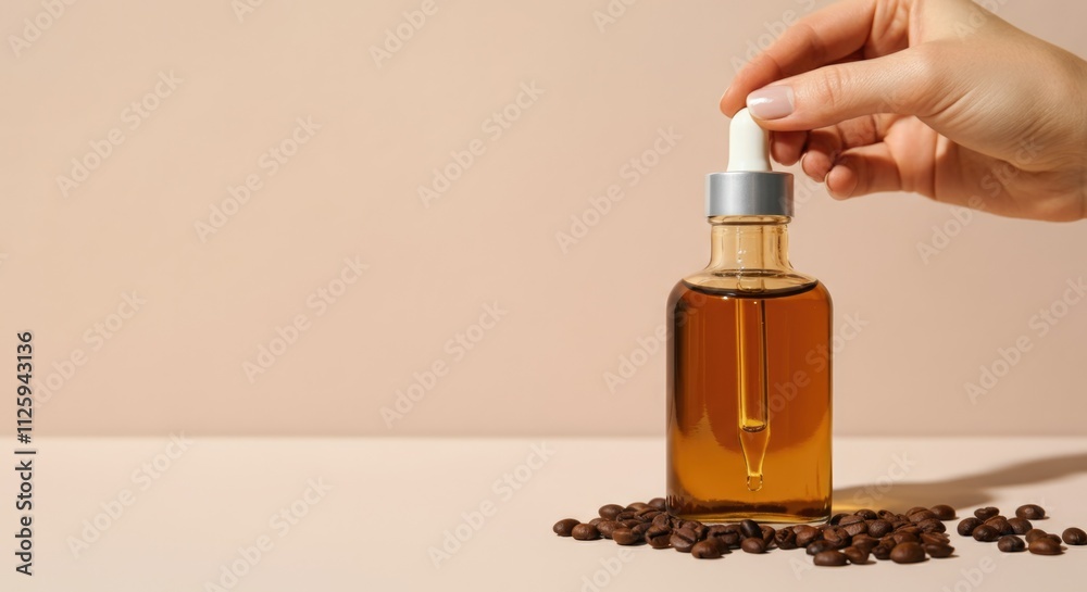 Hand Dispensing Essence from Brown Dropper Bottle with Coffee Beans Hand Dispensing Essence from Brown Dropper Bottle with Coffee Beans
