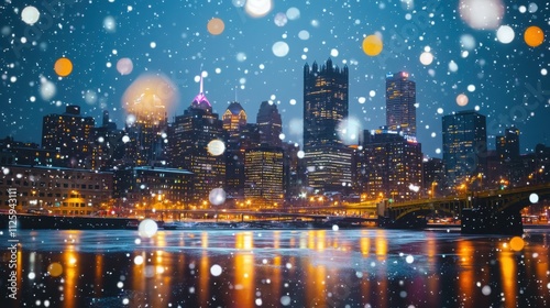 Holiday city skyline lights pittsburgh night photography urban environment bokeh effect festive concept