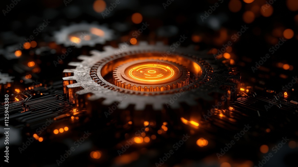 Intricate Close-Up of an Illuminated Gear Surrounded by Circuit Patterns and Glowing Elements, Representing Technology and Innovation in a Modern Digital World Intricate Close-Up of an Illuminated Gear Surrounded by Circuit Patterns and Glowing Elements, Representing Technology and Innovation in a Modern Digital World