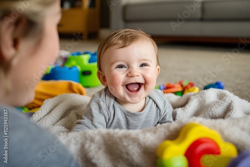 A joyful baby smiles while playing with colorful toys, surrounded by a cozy blanket and a warm atmosphere.