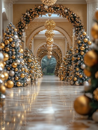 Festive Hallway Bedecked With Golden Christmas Decorations and Trees photo