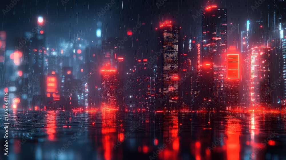 Urban Nightscape with Futuristic Skyscrapers Illuminated in Red and Blue Lights on a Rainy Evening with Reflections in Water and Atmospheric Depth Urban Nightscape with Futuristic Skyscrapers Illuminated in Red and Blue Lights on a Rainy Evening with Reflections in Water and Atmospheric Depth