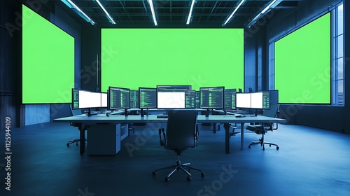 workstation with multiple displays, monitoring room with blank screen mockup at security data center