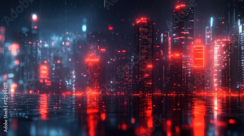 Urban Nightscape with Futuristic Skyscrapers Illuminated in Red and Blue Lights on a Rainy Evening with Reflections in Water and Atmospheric Depth