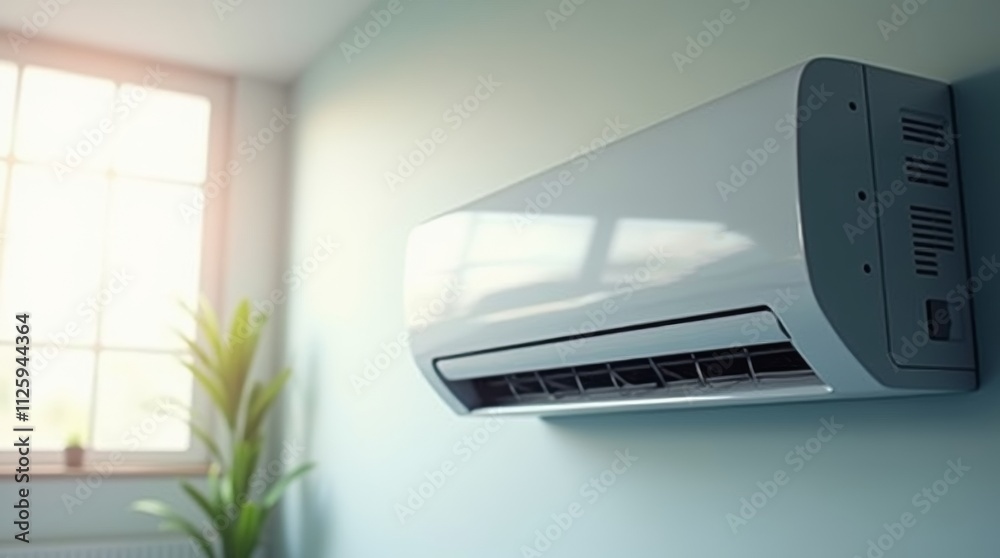Close-up of a stylish air conditioner unit with a clean design and digital controls, installed in a well-lit room, emphasizing its functionality and modern aesthetic for home comfort Close-up of a stylish air conditioner unit with a clean design and digital controls, installed in a well-lit room, emphasizing its functionality and modern aesthetic for home comfort