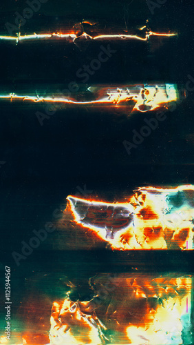 Aged foil. Glitch overlay. Damaged surface texture. Blue orange white green color light flares dust scratches distressed creased defect spots dark illustration art abstract background.