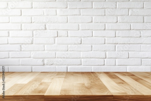 Wooden table against white brick wall background.