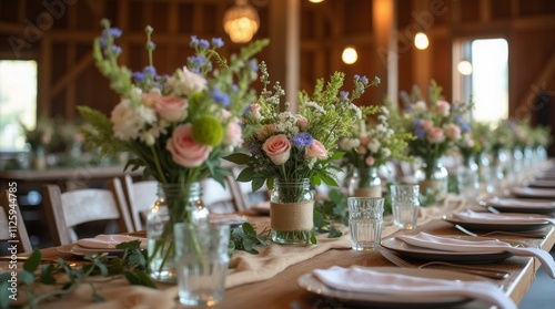 Close-up of charming rustic wedding decor with wooden elements and mason jars filled with wildflowers, creating a warm and inviting atmosphere for a countryside wedding