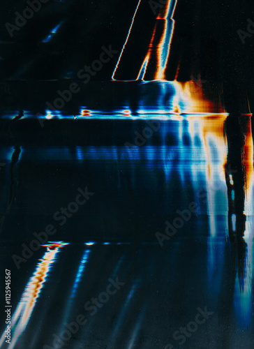 Digital glitch. Broken display overlay. Distortion noise texture. Blue orange white color light flares frequency artifacts dust scratch dark illustration art abstract background.