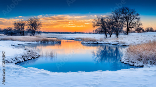 A serene winter landscape featuring a still pond surrounded by snow, with trees silhouetted against a colorful sunset sky