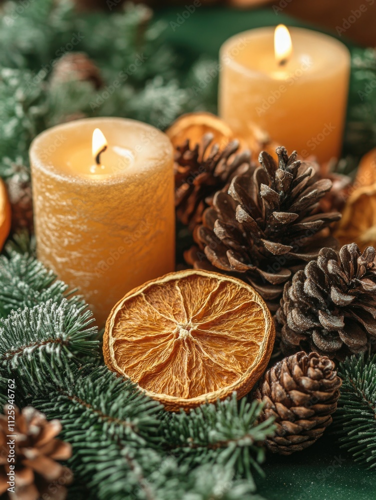 Candle and pine cones Candle and pine cones