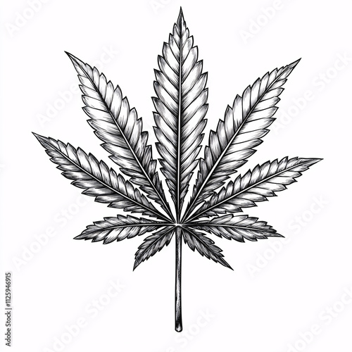 A meticulously detailed black and white drawing of a cannabis leaf.