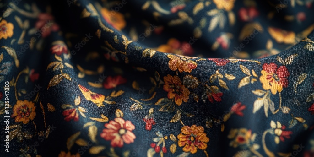 A close-up of intricately patterned fabric featuring vibrant floral designs on a dark background. A close-up of intricately patterned fabric featuring vibrant floral designs on a dark background.