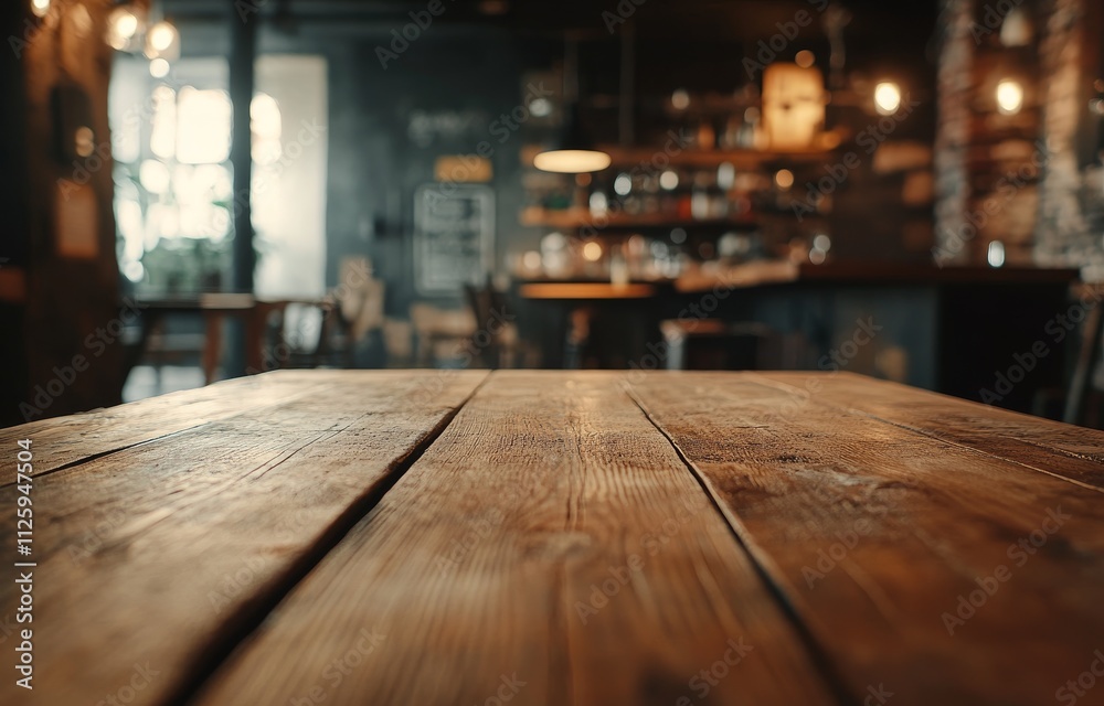 Rustic wooden table in a blurred bar background. Rustic wooden table in a blurred bar background.