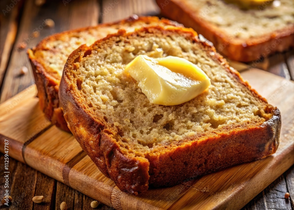 Moist Banana Bread Slice, Butter Topping, High-Resolution Photo, Top View, Delicious Bakery, Homemade Recipe Moist Banana Bread Slice, Butter Topping, High-Resolution Photo, Top View, Delicious Bakery, Homemade Recipe