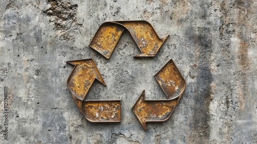 Rusty recycle symbol on grunge wall. Illustrates environmental awareness, recycling, and sustainability concepts.