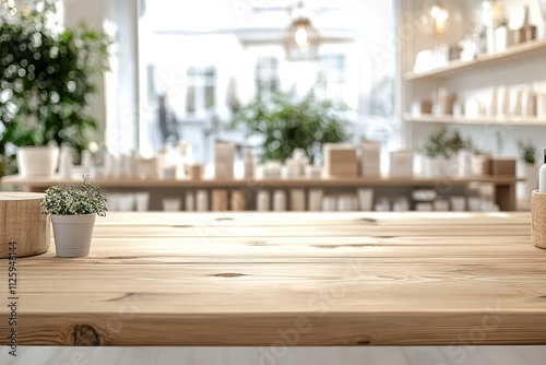 Empty wooden table in bright, modern store with shelves of products.