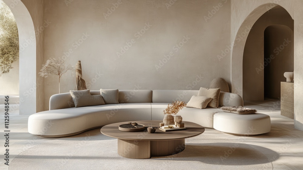 Beige Living Room with Curved Sofa and Wooden Coffee Table Beige Living Room with Curved Sofa and Wooden Coffee Table