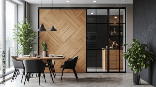 Modern Minimalist Dining Room with Wooden Wall Panels