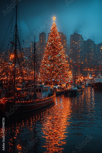 The city harbor decorated with holiday lights and a giant Christmas tree. Boats are docked nearby, also adorn, Generative AI