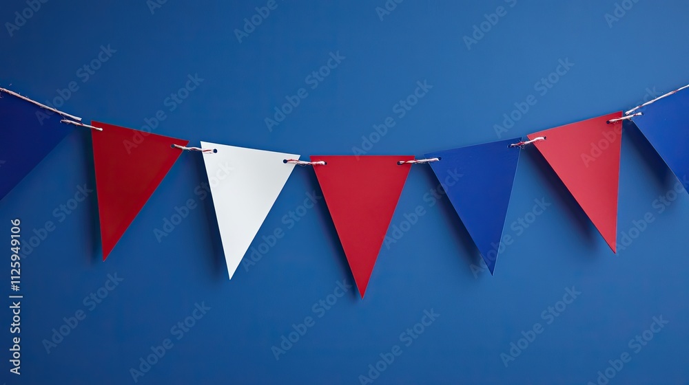 Festive Red, White, and Blue Triangle Bunting Against a Blue Background Festive Red, White, and Blue Triangle Bunting Against a Blue Background