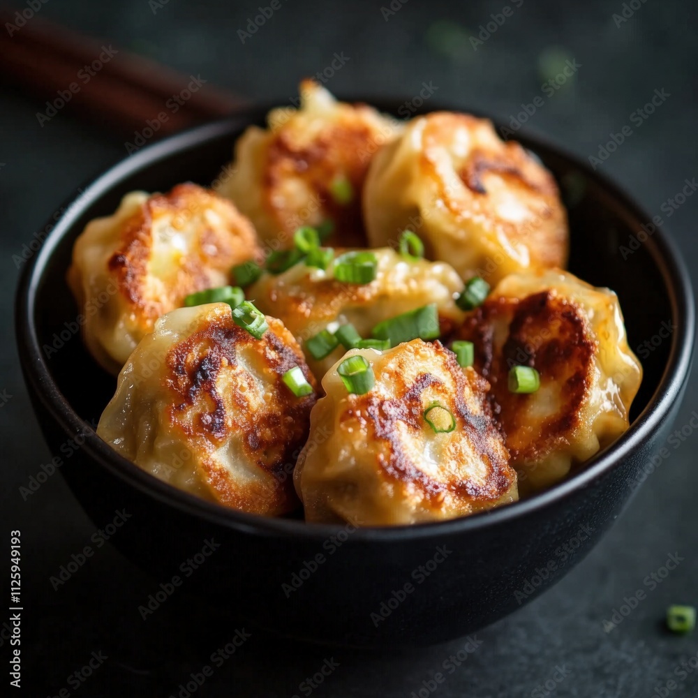 delicious dumplings served in a bowl with green onions delicious dumplings served in a bowl with green onions