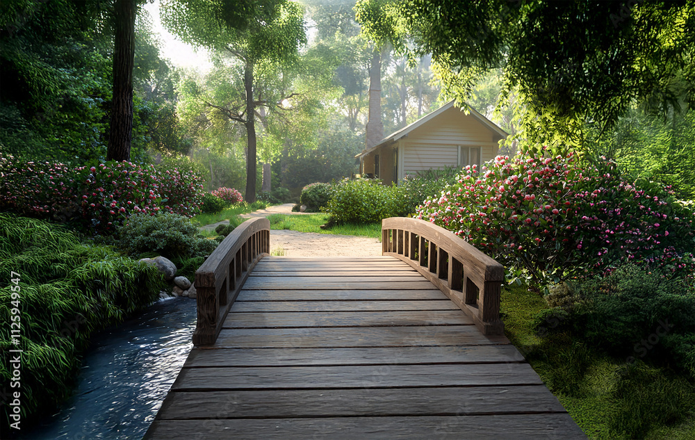 Fresh air and camellias blooming by a small bridge, serene scene Fresh air and camellias blooming by a small bridge, serene scene