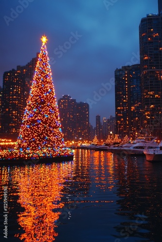 The city harbor decorated with holiday lights and a giant Christmas tree. Boats are docked nearby, also adorn, Generative AI