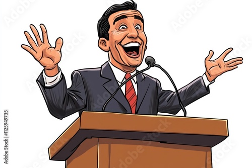 A humorous cartoon of a U.S. politician giving a speech at a podium, with exaggerated facial expressions and hands raised in excitement, set against a transparent background.