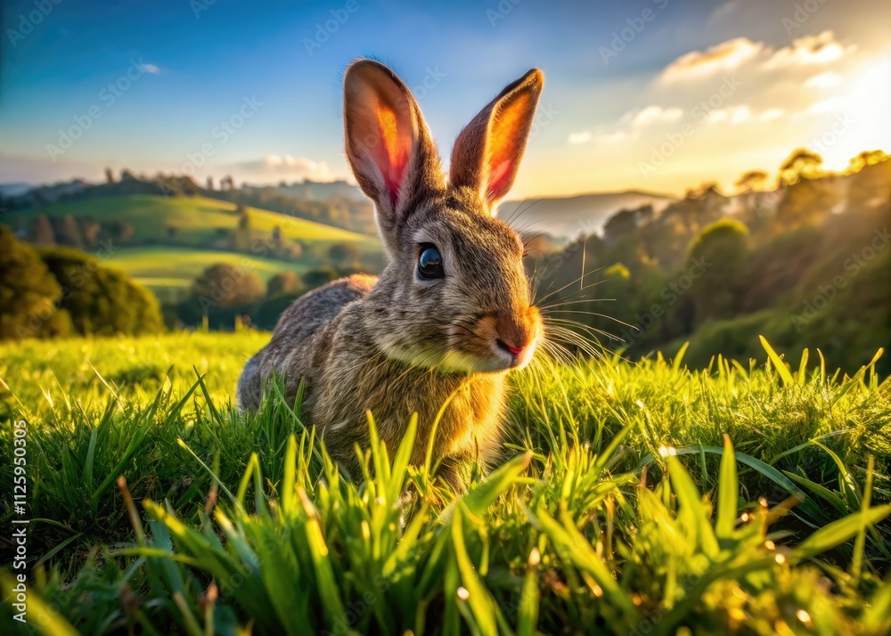 Fototapeta premium Mount Annan Rabbit Summer Drone Photo - Wild Rabbit Grazing in Australian Field