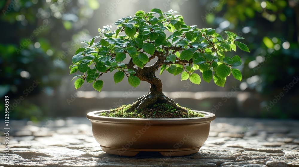 Lush green bonsai tree in a brown pot, sunlight. Lush green bonsai tree in a brown pot, sunlight.