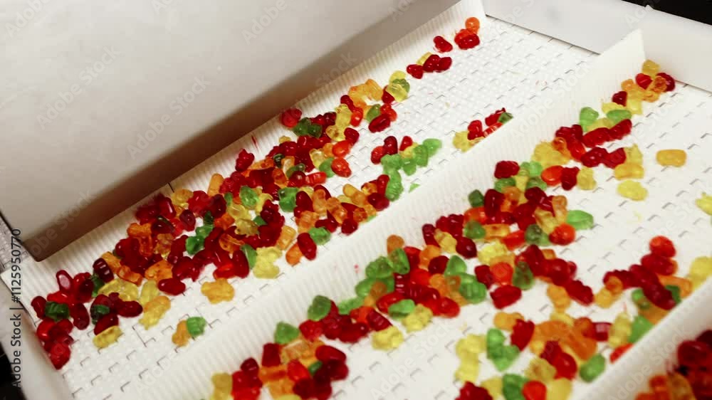 Gummy bears move along the factory conveyor belt. Production of chewing marmalade at a candy factory. Multi-colored marmalade. Modern confectionery factory.