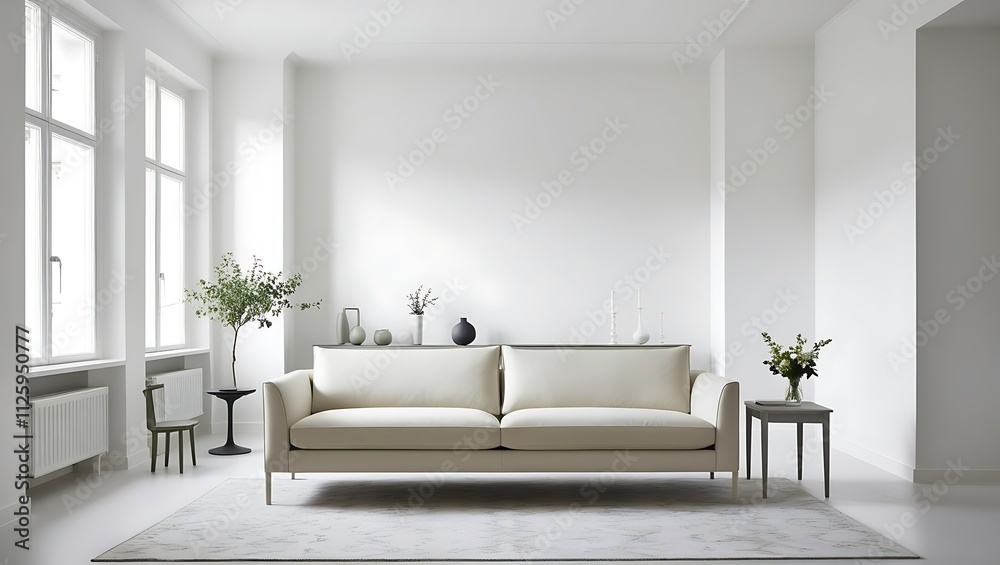 Fototapeta premium Minimalist white living room with beige sofa, rug, and simple decor.