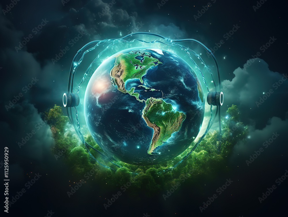 Generous World health day earth with stethoscope in the night Generous World health day earth with stethoscope in the night