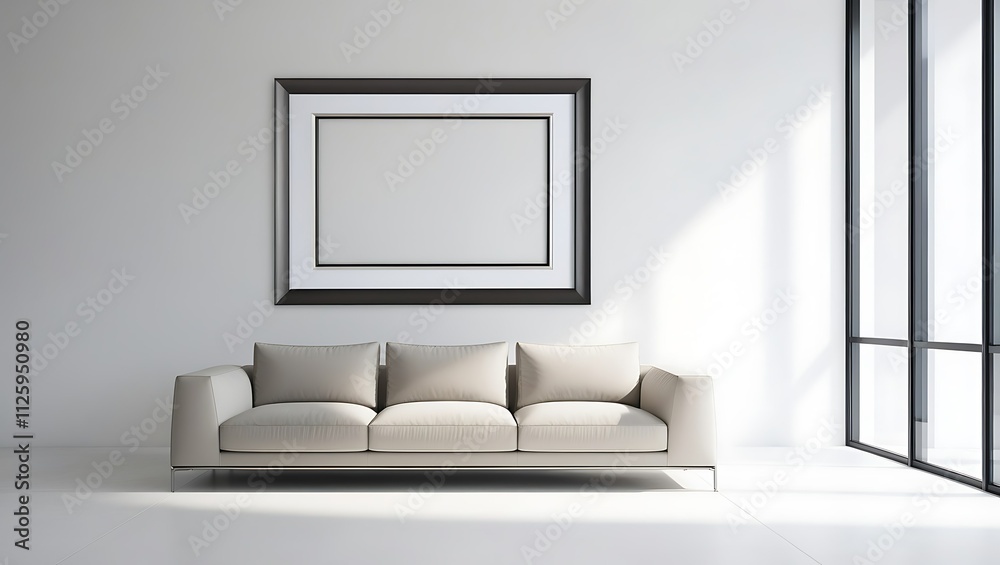 Minimalist interior with sofa, frame, window. Minimalist interior with sofa, frame, window.