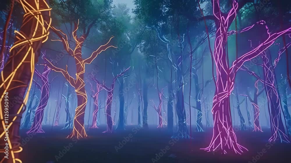 A forest with neon colored trees. 4K motion