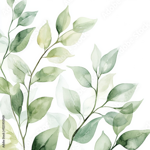Delicate watercolor leaves in shades of green create serene atmosphere
