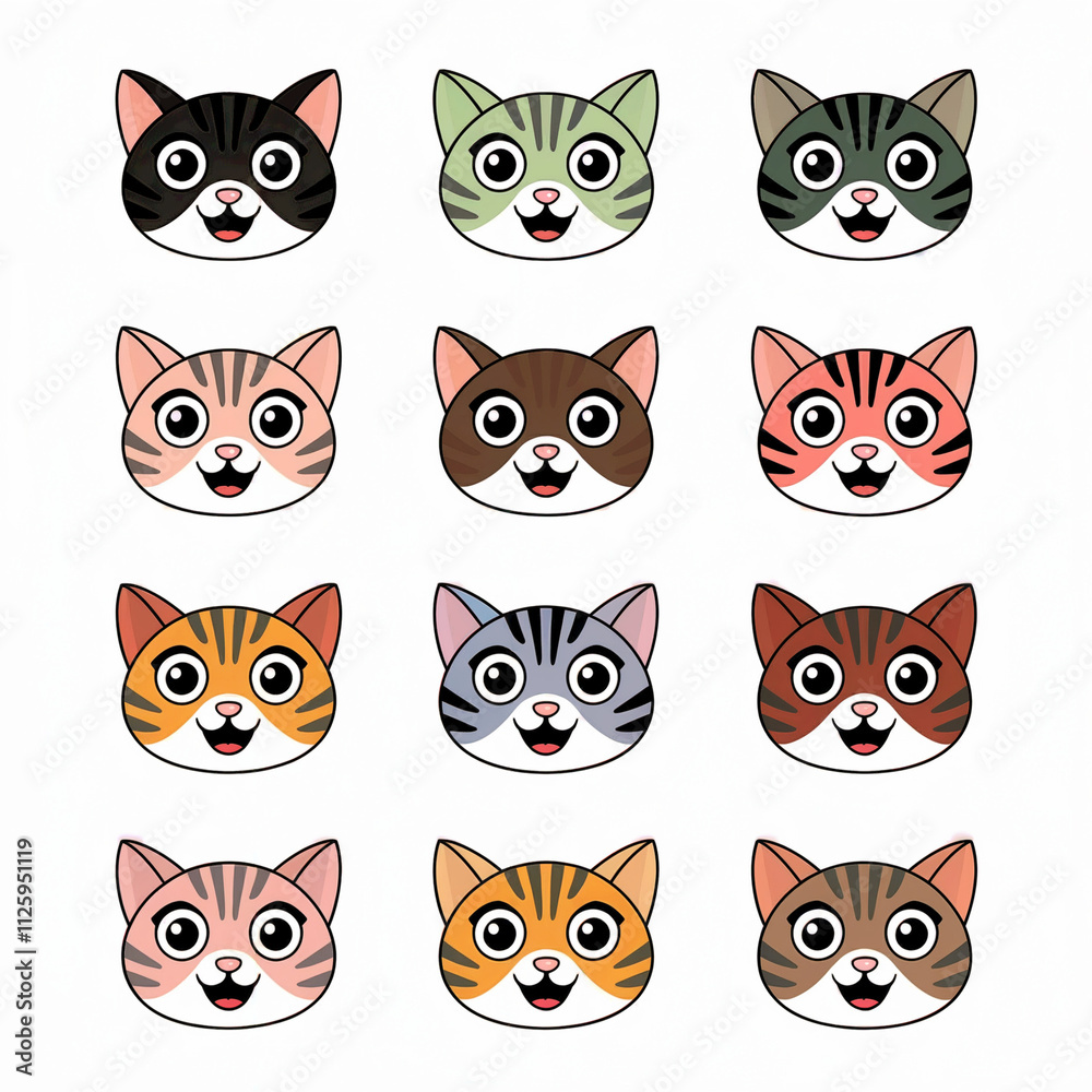 set of cute tabby cats or happy feline faces or cartoon character black green silver pink orange and brown variety of colors set of cute tabby cats or happy feline faces or cartoon character black green silver pink orange and brown variety of colors