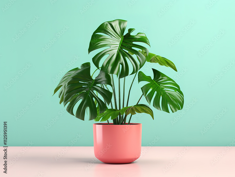 Gorgeous Monstera houseplant on yellow and blue background Gorgeous Monstera houseplant on yellow and blue background