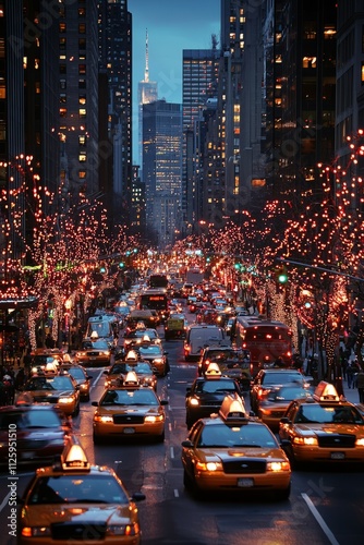 The city's main thoroughfare lit up with holiday lights and decorations. Taxis and buses are filled with people, Generative AI 