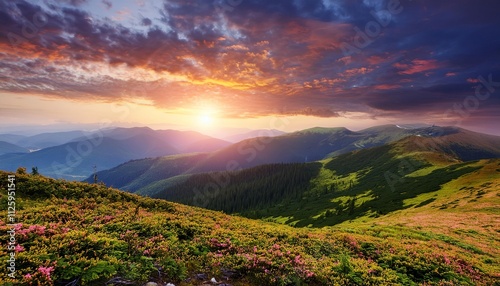 Scenic mountain view with sunset and sunrise over a misty valley, surrounded by trees, clouds, and a beautiful horizon