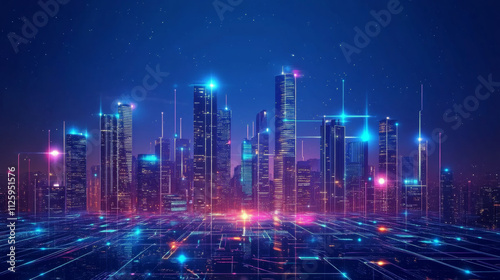 Futuristic city skyline with advanced technology and vibrant lights