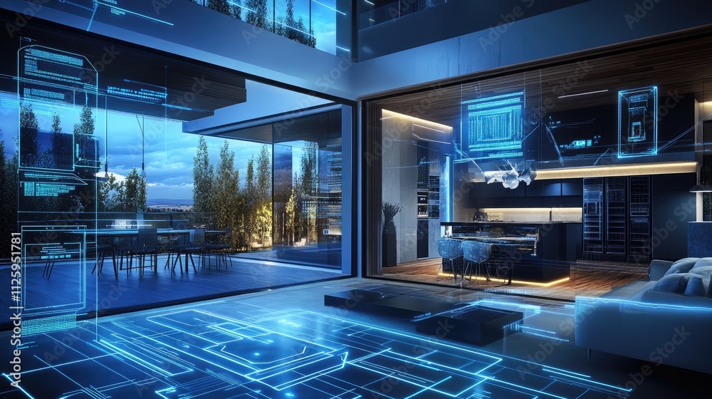 A house interior blending traditional design and futuristic digital elements, with hologram lines and circuits symbolizing smart home technology. A house interior blending traditional design and futuristic digital elements, with hologram lines and circuits symbolizing smart home technology.