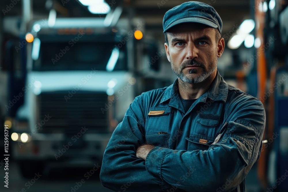 Serious male truck mechanic in uniform. Ideal for transportation, repair, and industry themes. Serious male truck mechanic in uniform. Ideal for transportation, repair, and industry themes.
