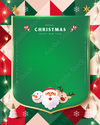 Merry Christmas sign banner frame with empty space and festive decoration on abstract background