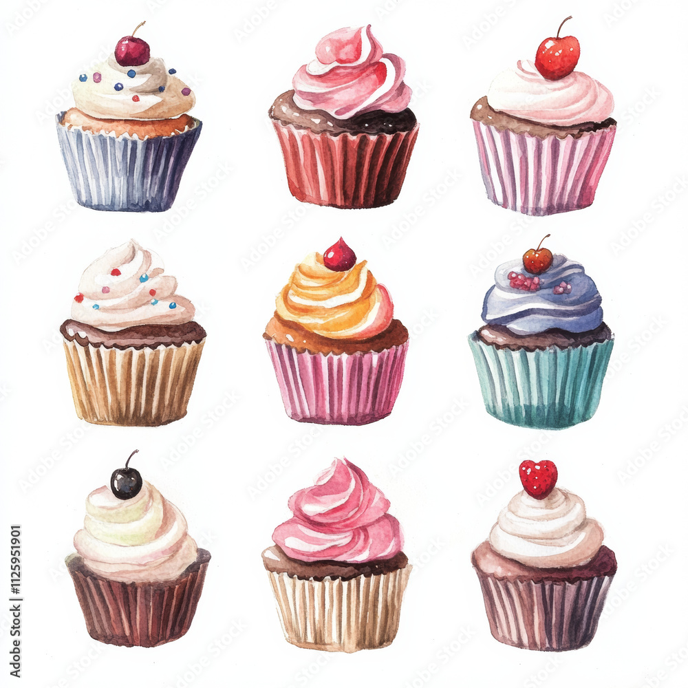 Delightful watercolor cupcakes illustrated in playful arrangement Delightful watercolor cupcakes illustrated in playful arrangement