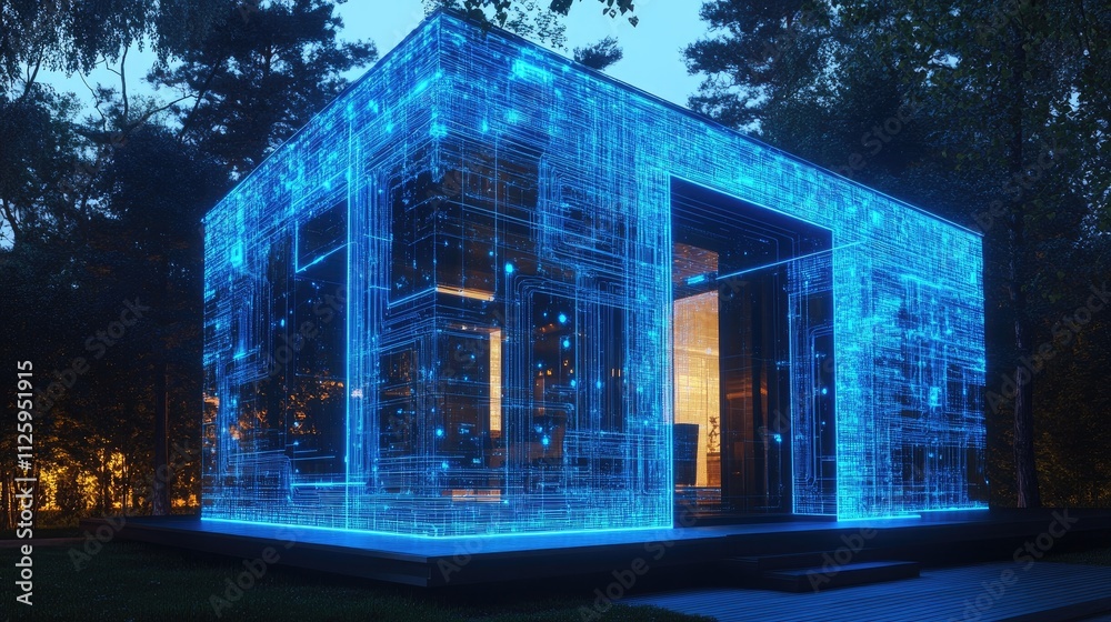 Obraz premium A house made of circuits and wires, with blue holographic lines representing a smart home technology concept and futuristic living.